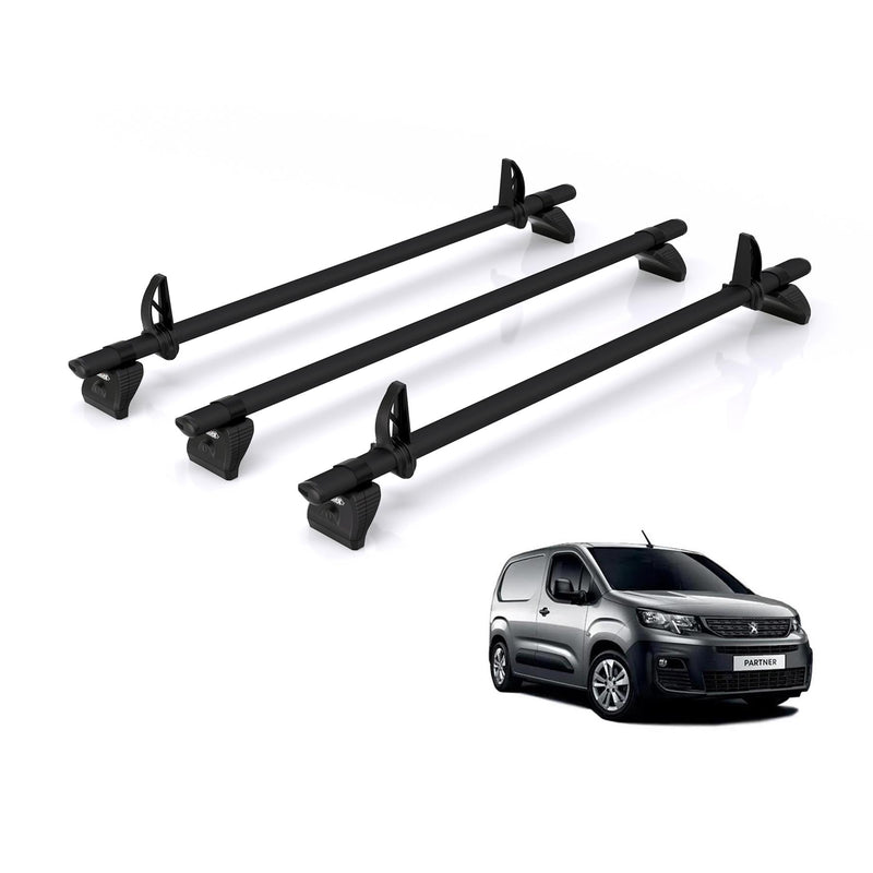 Peugeot Partner (2018-) - 3 Rhino Kammbar Black Roof Bars (Aluminium)