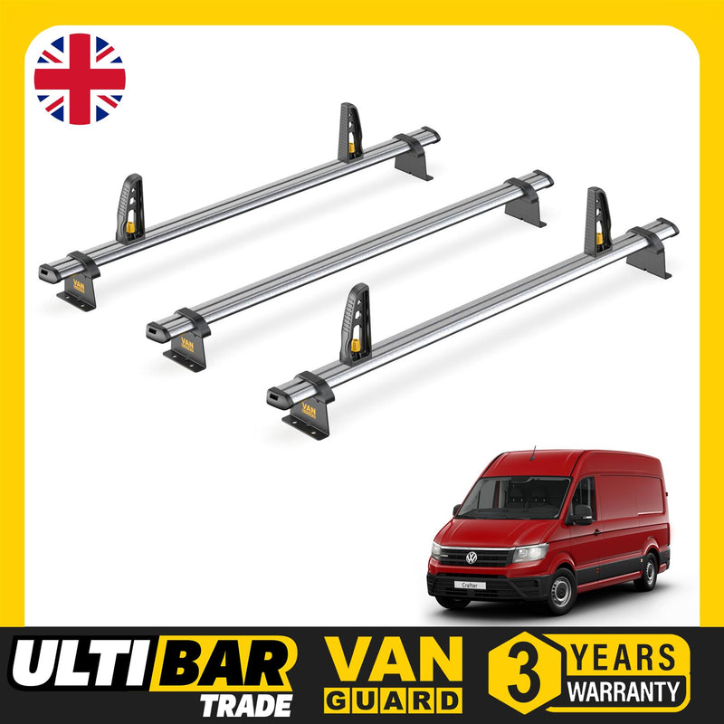 VW Crafter Roof Rack for 2017+ 3x Roof Bars + Loadstops Van Guard UltiBar Trade