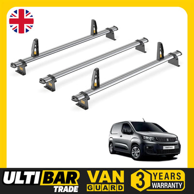 Peugeot Partner Roof Rack for 2018+ 3x Bars & Loadstops Van Guard UltiBar Trade