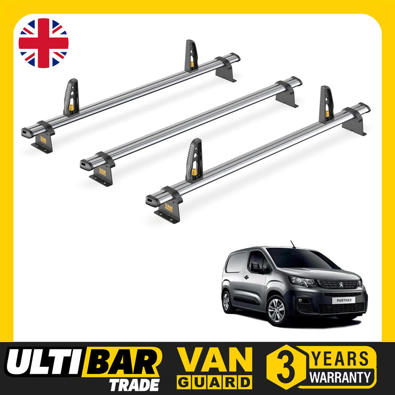 Peugeot Partner Roof Rack for 2018+ 3x Bars & Loadstops Van Guard UltiBar Trade