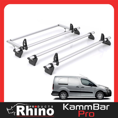 Peugeot Partner (2008-2018) - 3 Rhino Kammbar Pro Roof Bars + Roller (Aluminium)