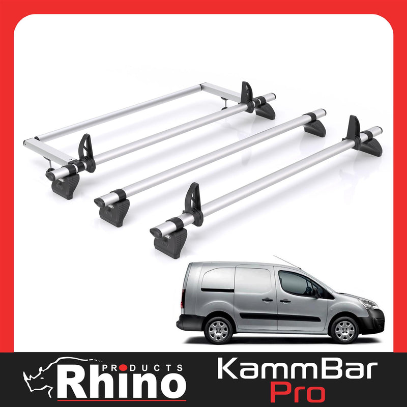 Peugeot Partner (2008-2018) - 3 Rhino Kammbar Pro Roof Bars + Roller (Aluminium)