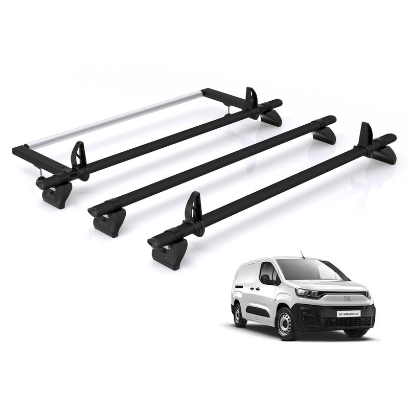 Fiat Doblo (2022-) - 3 Rhino Kammbar Black Roof Bars + Roller (Aluminium)