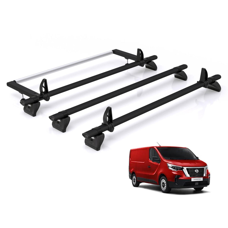 Nissan Primastar (2022-) - 3 Rhino Kammbar Black Roof Bars + Roller (Aluminium)