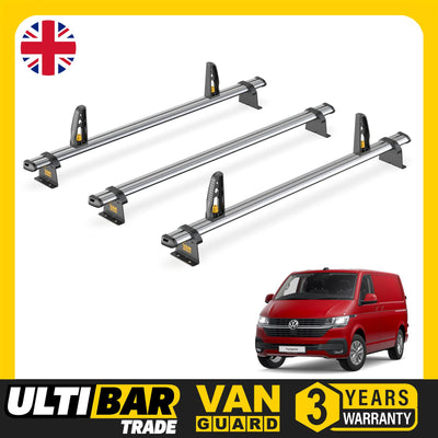 VW Transporter Roof Rack for 2015+ (T6) 3x Bars + Loadstops Van Guard Ulti Trade