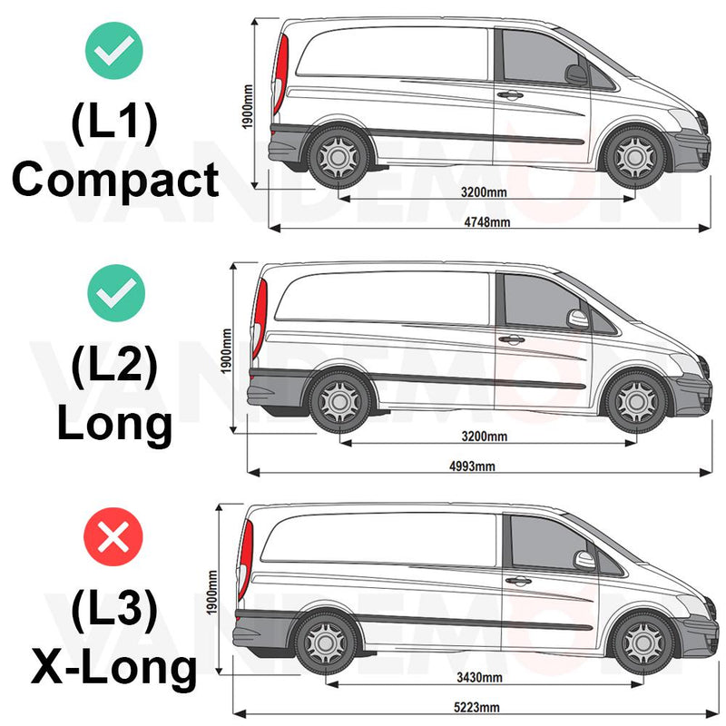 Mercedes Vito (2003-2014) - 2 Rhino Kammbar Fleet Roof Bars + Roller (Steel)