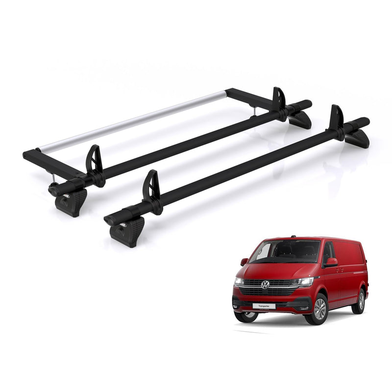VW Transporter (2003-2024) - 2 Rhino Kammbar Black Roof Bars + Roller (Aluminium)