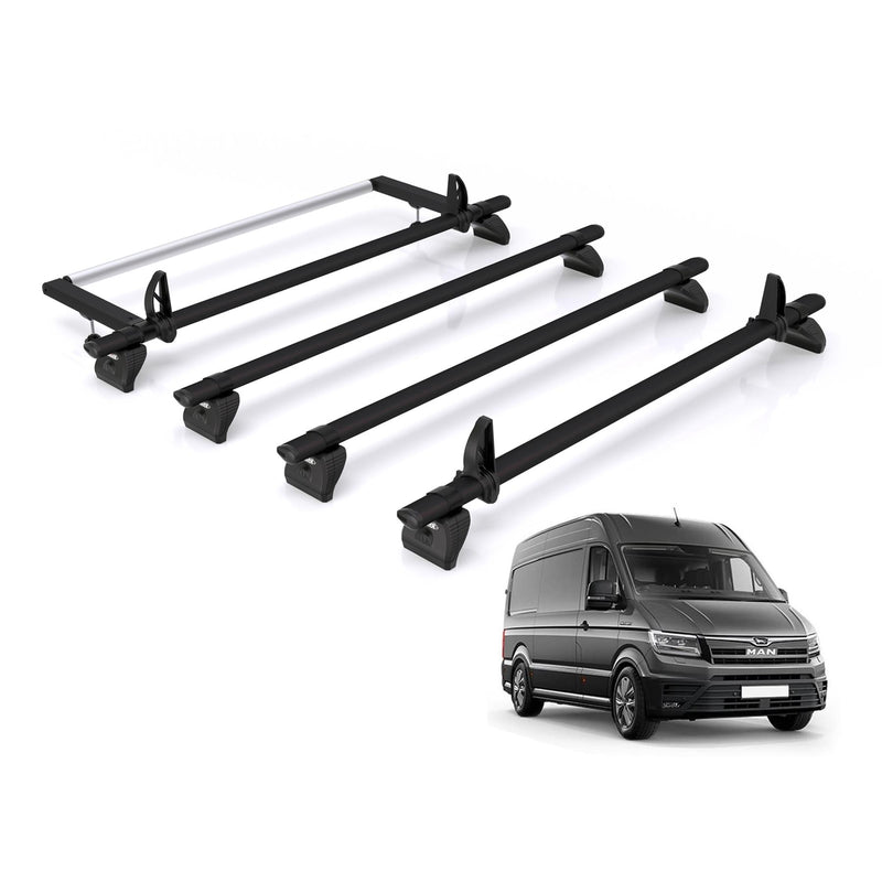 MAN TGE (2017-) - 4 Rhino Kammbar Black Roof Bars + Roller (Aluminium)