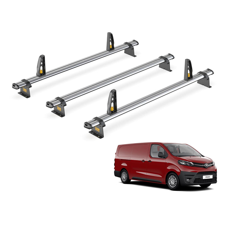 Toyota ProAce Roof Rack for (2016+ LWB) 3x Roof Bars + Loadstops Van Guard Trade