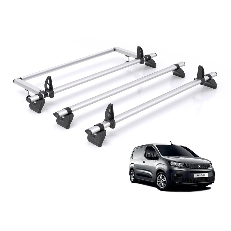 Peugeot Partner (2018-) - 3 Rhino Kammbar Pro Roof Bars + Roller (Aluminium)