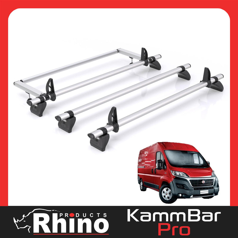 Fiat Ducato (2006-) - 3 Rhino Kammbar Pro Roof Bars + Roller (Aluminium)