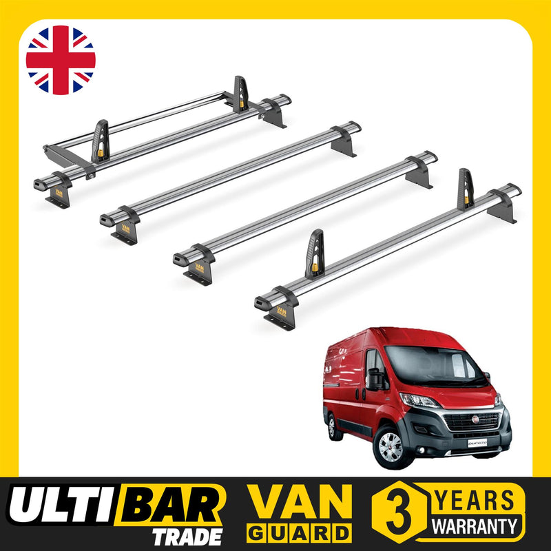 Fiat Ducato Roof Rack (2006+ L3 Wheelbase) 4x Bars & Roller Van Guard Ulti Trade