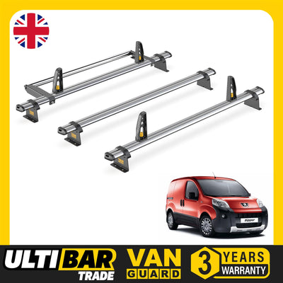 Peugeot Bipper Roof Rack for 2008+ 3x Roof Bars & Loadstops Van Guard Ulti Trade