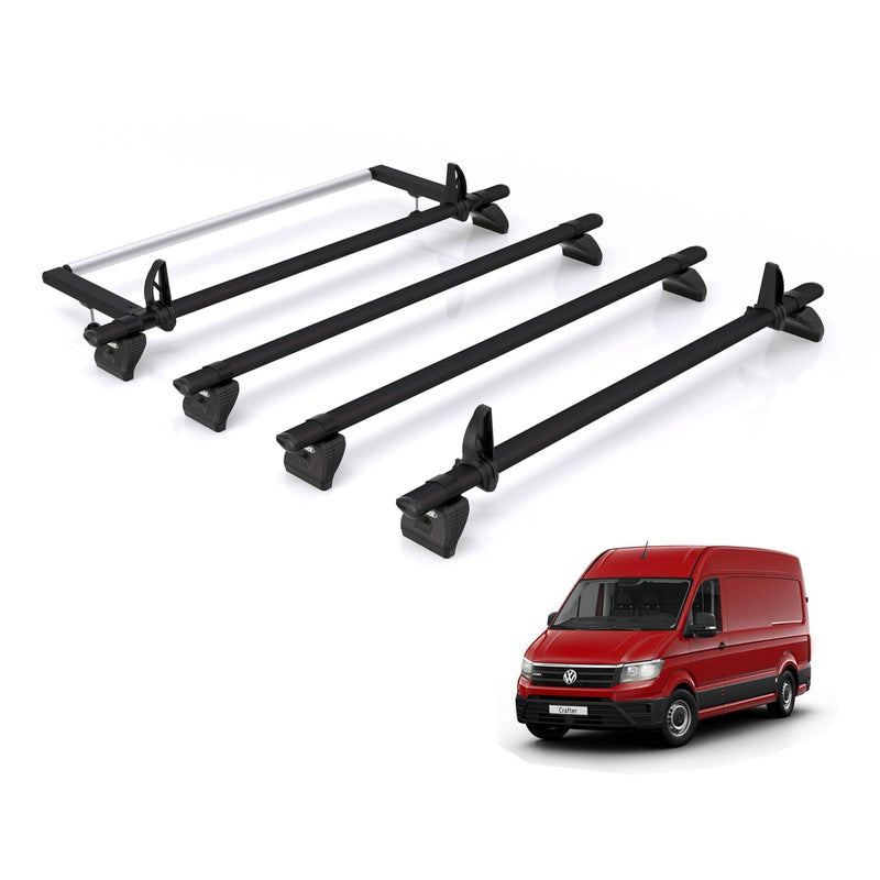 VW Crafter (2017-) - 4 Rhino Kammbar Black Roof Bars + Roller (Aluminium)