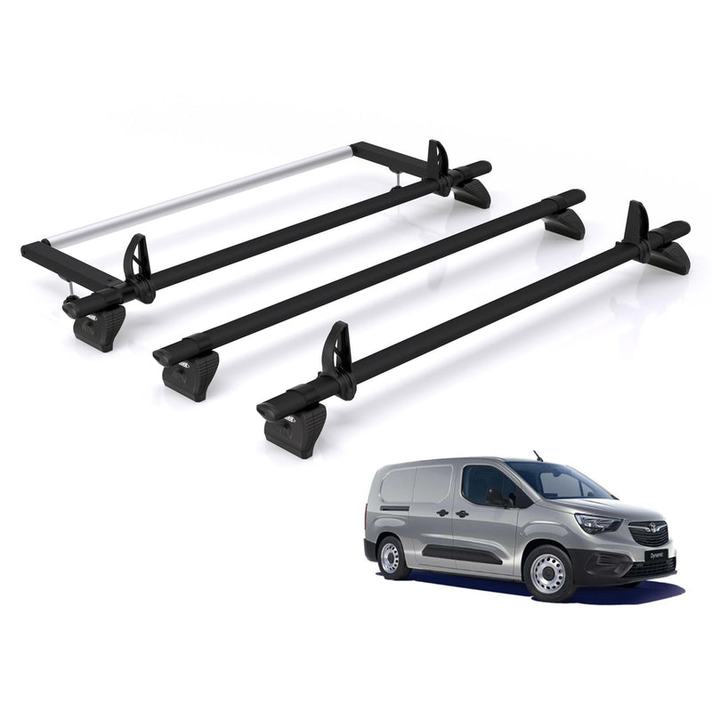 Vauxhall Combo (2018-) - 3 Rhino Kammbar Black Roof Bars + Roller (Aluminium)