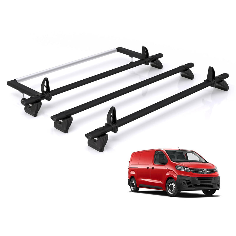 Vauxhall Vivaro (2019-) - 3 Rhino Kammbar Black Roof Bars + Roller (Aluminium)