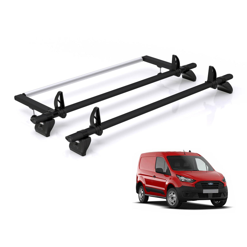 Ford Transit (2013-2024) Connect - 2 Rhino Kammbar Black Roof Bars + Roller (Aluminium)