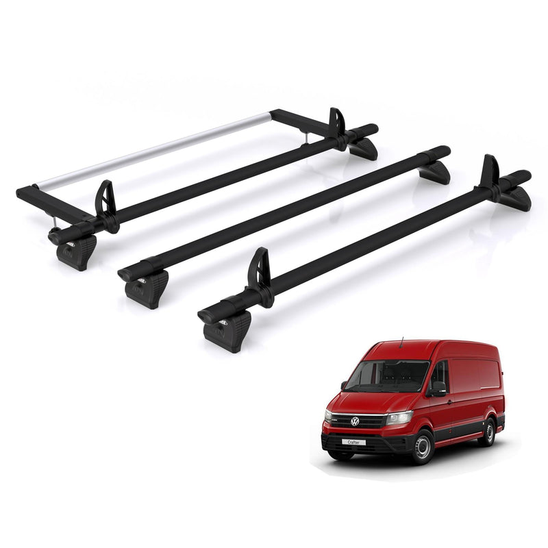 VW Crafter (2017-) - 3 Rhino Kammbar Black Roof Bars + Roller (Aluminium)