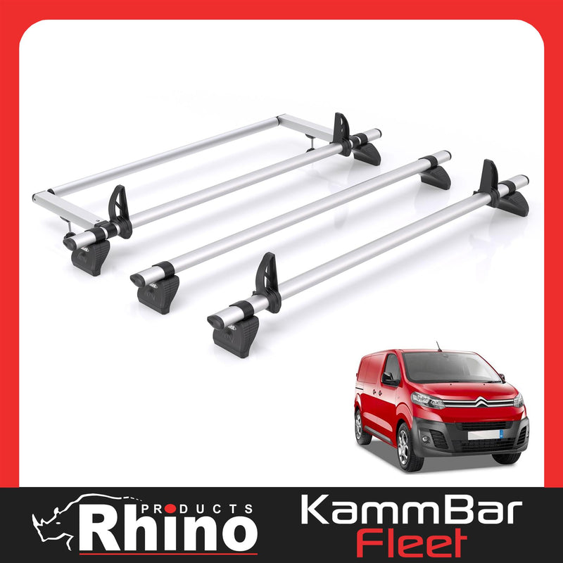 Peugeot Expert (2016-) - 3 Rhino Kammbar Pro Roof Bars + Roller (Aluminium)