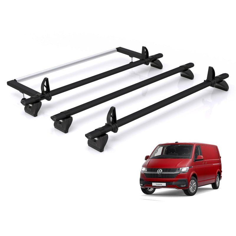 VW Transporter (2003-2024) - 3 Rhino Kammbar Black Roof Bars + Roller (Aluminium)