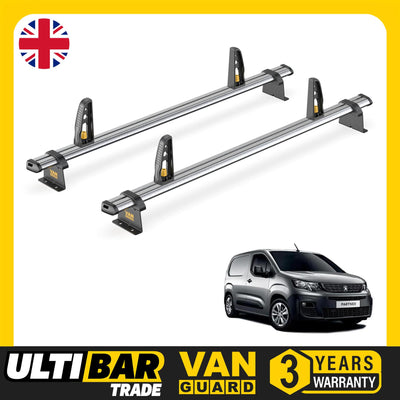 Peugeot Partner Roof Rack for 2018+ 2x Bars & Loadstops Van Guard UltiBar Trade