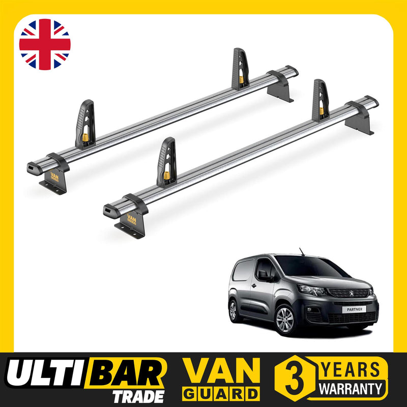 Peugeot Partner Roof Rack for 2018+ 2x Bars & Loadstops Van Guard UltiBar Trade