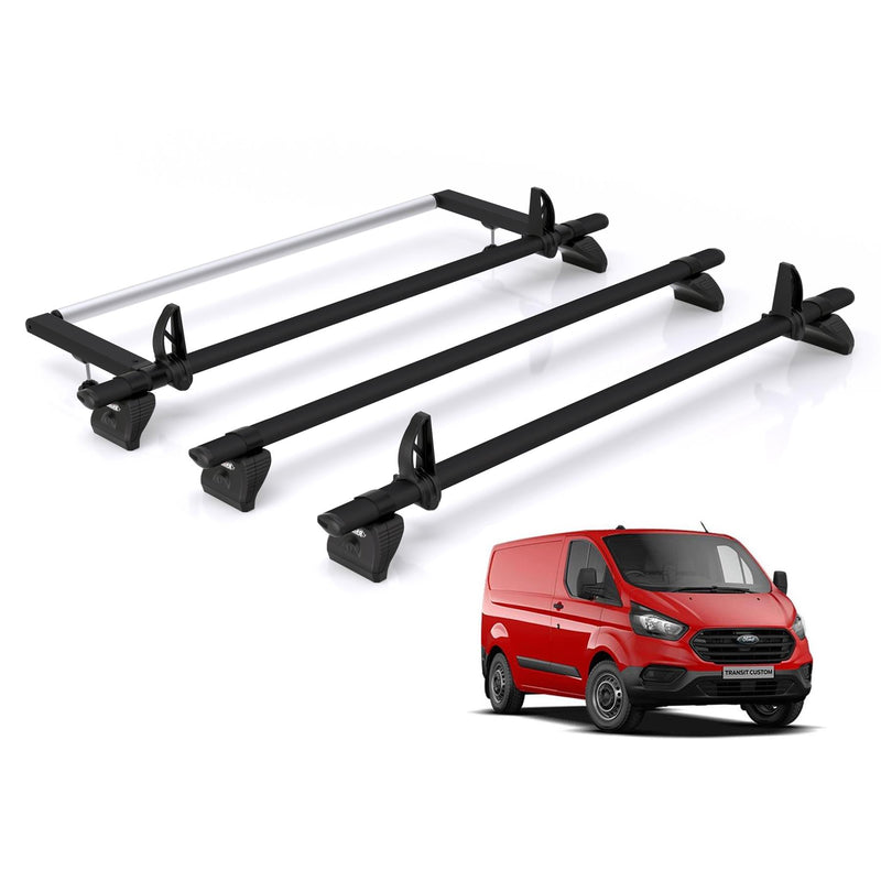 Ford Transit Custom - 3 Rhino Kammbar Black Roof Bars + Roller (Aluminium)