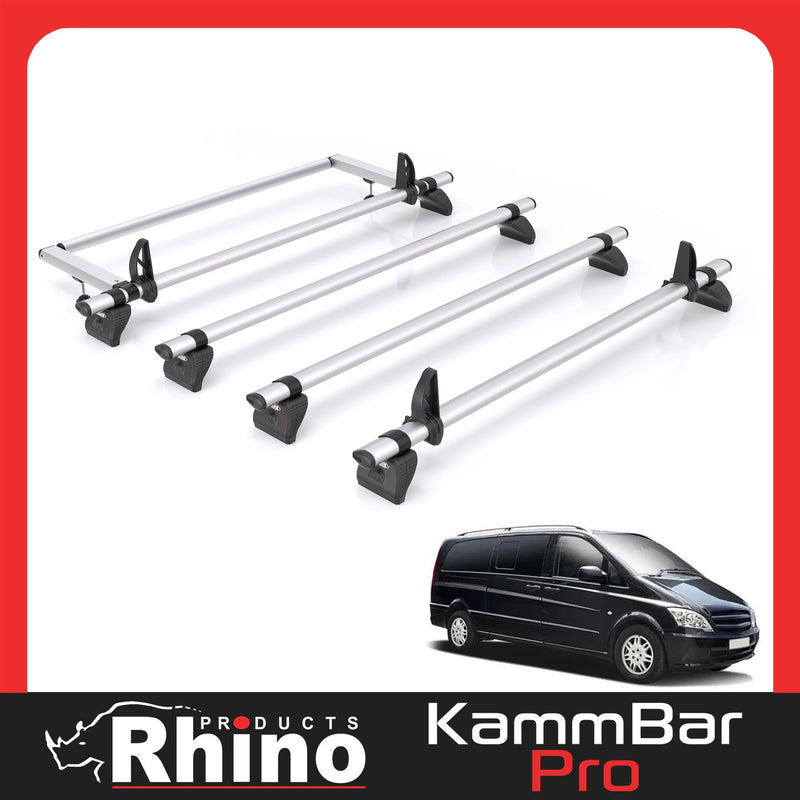 Mercedes Vito (2003-2014) - 4 Rhino Kammbar Pro Roof Bars + Roller (Aluminium)
