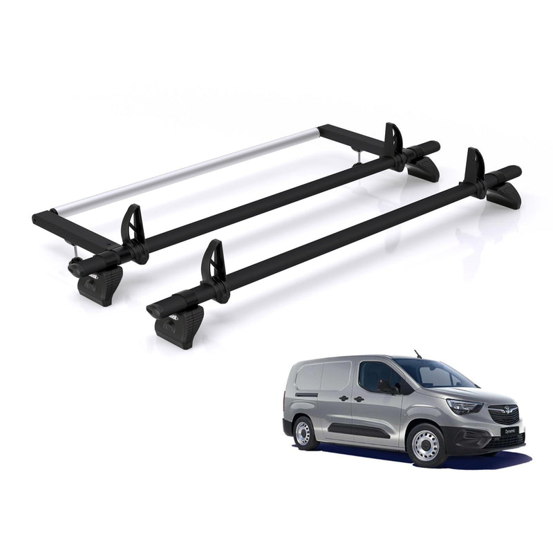 Vauxhall Combo (2018-) - 2 Rhino Kammbar Black Roof Bars + Roller (Aluminium)