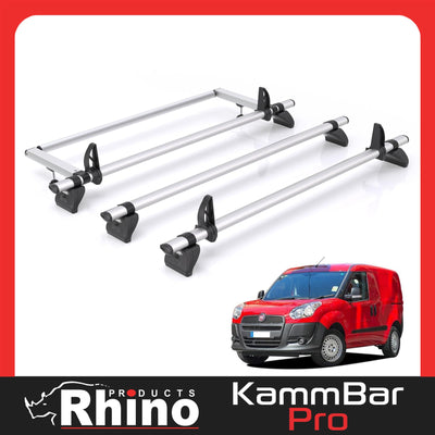 Fiat Doblo (2010-2022) - 3 Rhino Kammbar Pro Roof Bars + Roller (Aluminium)