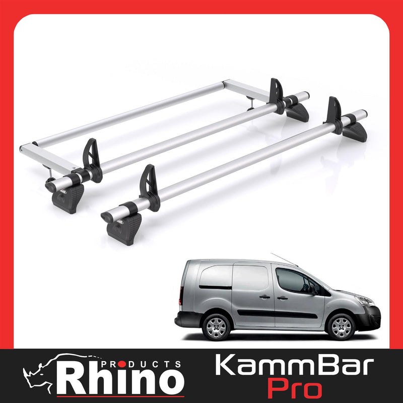 Peugeot Partner (2008-2018) - 2 Rhino Kammbar Pro Roof Bars + Roller (Aluminium)