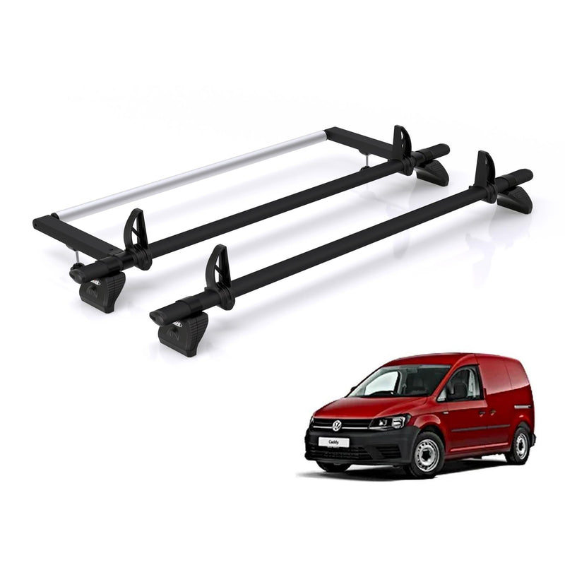 VW Caddy (2010-2020) - 2 Rhino Kammbar Black Roof Bars + Roller (Aluminium)