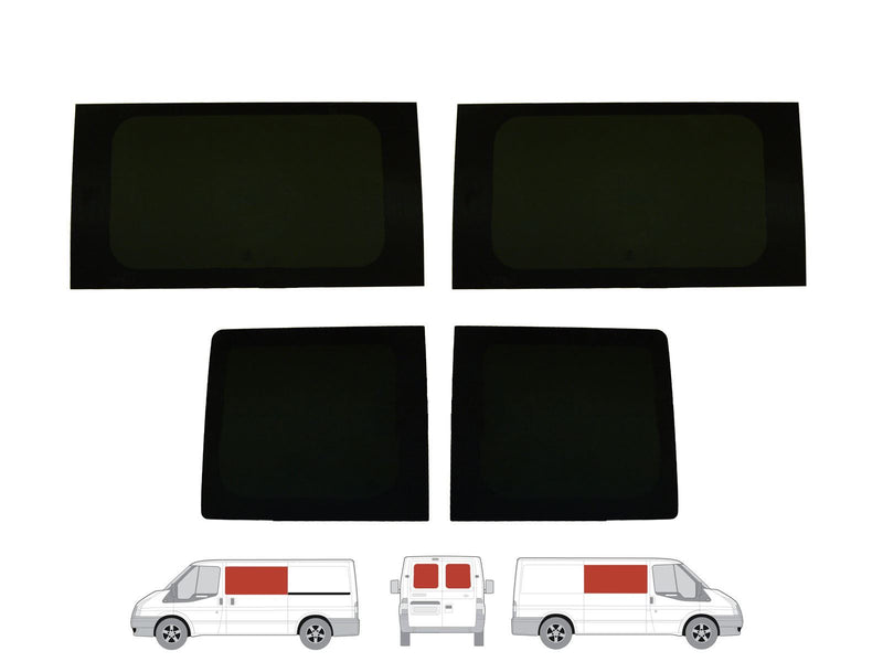 Ford Transit SWB (2000-2014) Fixed Side and Rear Door Window Privacy Camper Glass Full Kit with Fitting Kit