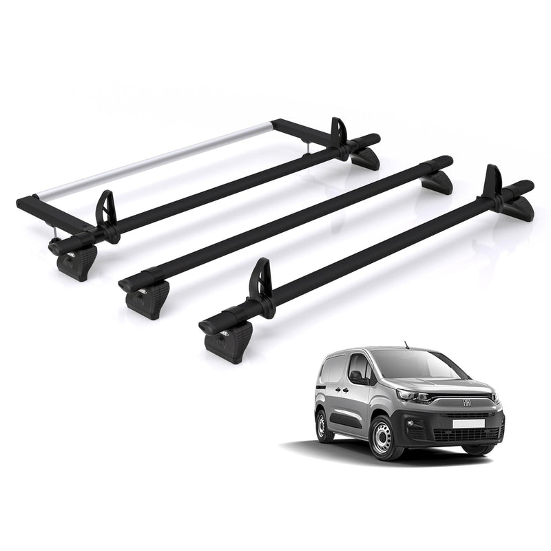 Fiat Doblo (2022-) - 3 Rhino Kammbar Black Roof Bars + Roller (Aluminium)