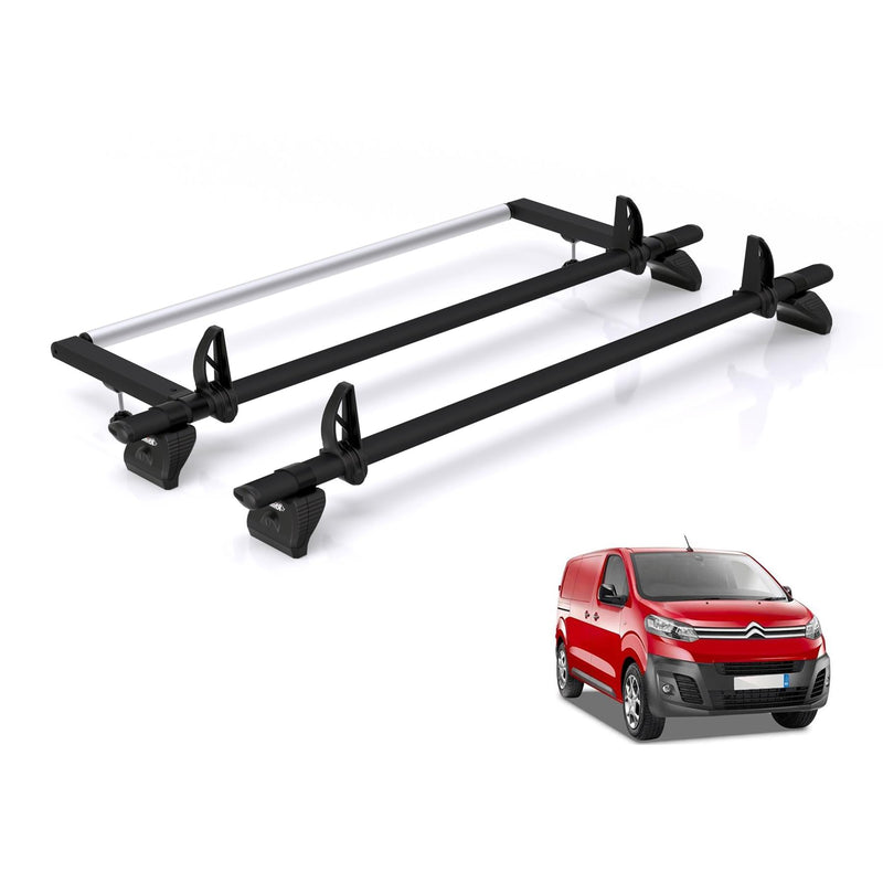 Peugeot Expert (2016-) - 2 Rhino Kammbar Black Roof Bars + Roller (Aluminium)