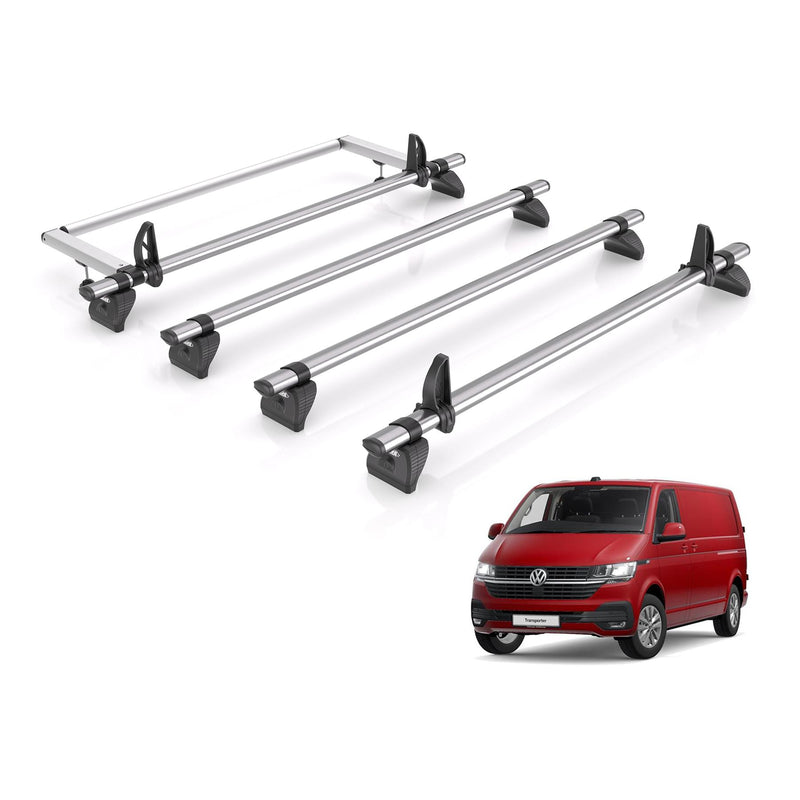 VW Transporter (2003-2024) - 4 Rhino Kammbar Fleet Roof Bars + Roller (Steel)