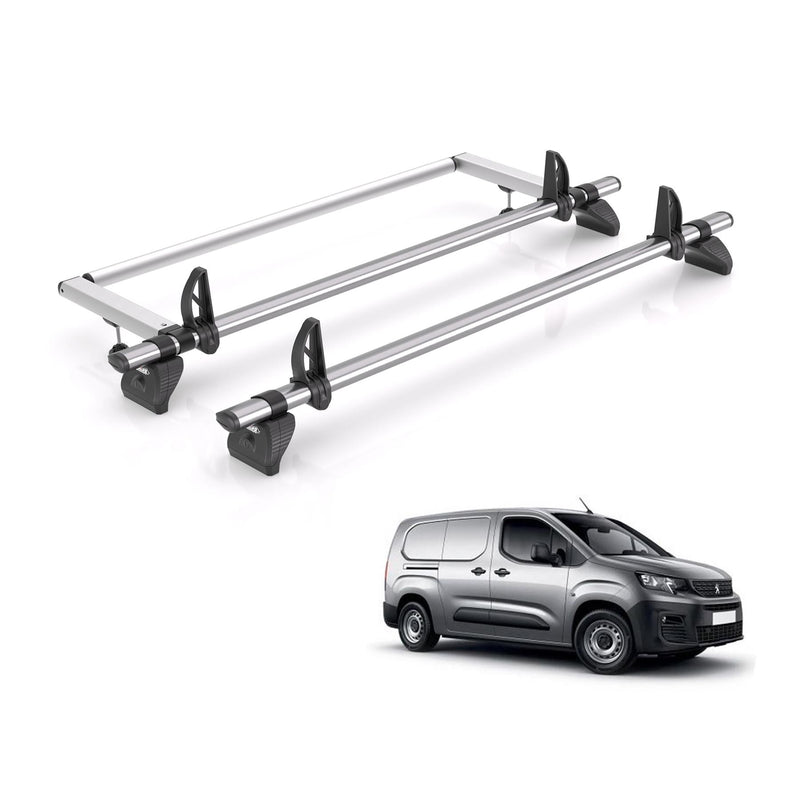 Peugeot Partner (2018-) - 2 Rhino Kammbar Fleet Roof Bars + Roller (Steel)