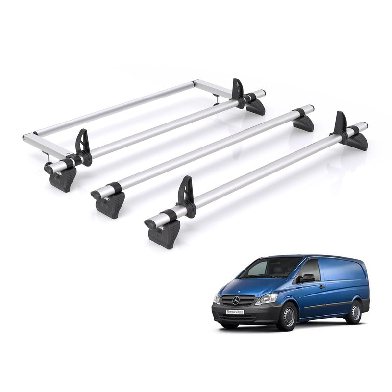 Mercedes Vito (2003-2014) - 3 Rhino Kammbar Pro Roof Bars + Roller (Aluminium)