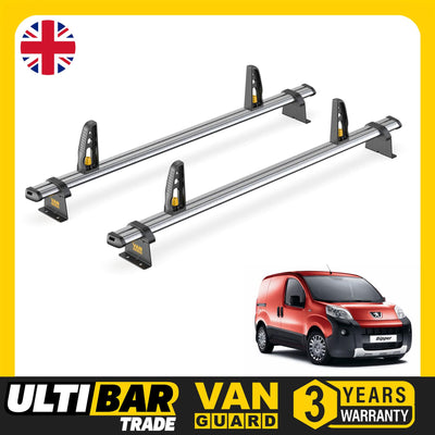 Peugeot Bipper Roof Rack for 2008+ 2x Roof Bars & Loadstops Van Guard Ulti Trade