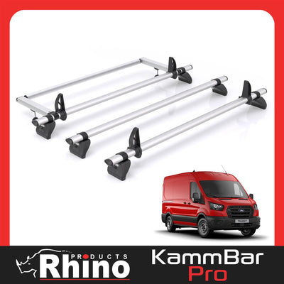 Ford Transit (2013-2024) - 3 Rhino Kammbar Pro Roof Bars + Roller (Aluminium)