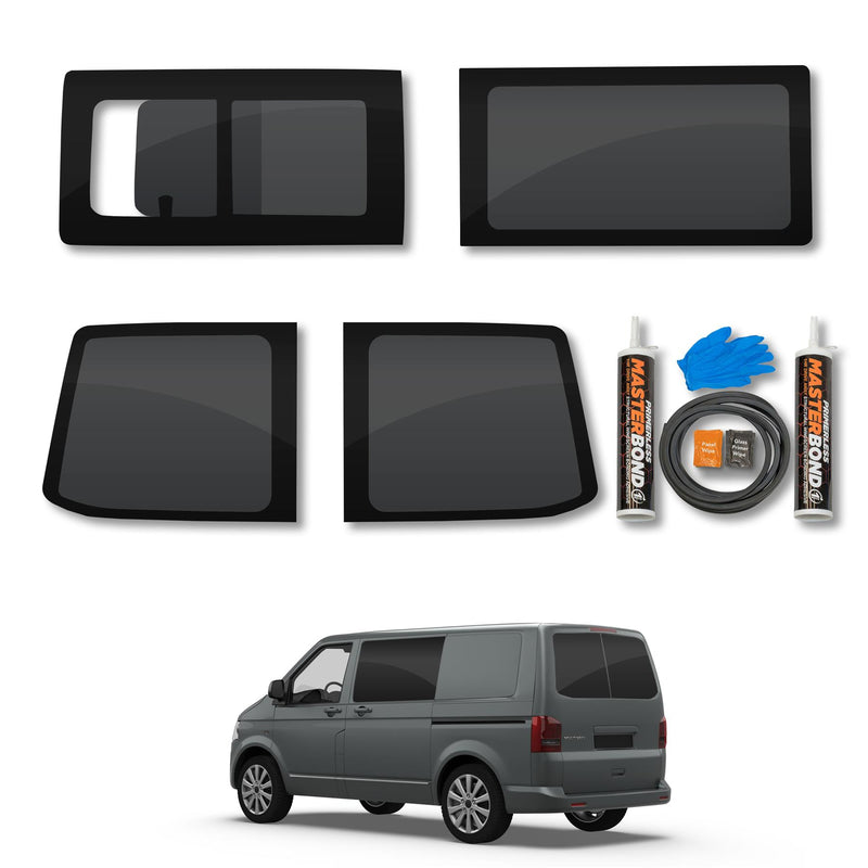 VW Transporter T5 (2003-2015) Driver Fixed Passenger Opening Side and Rear Door Window Privacy Camper Glass Full Kit with Fitting Kit