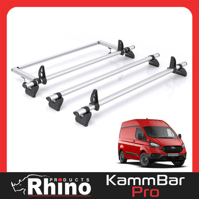 Ford Transit Custom - 3 Rhino Kammbar Pro Roof Bars + Roller (Aluminium)
