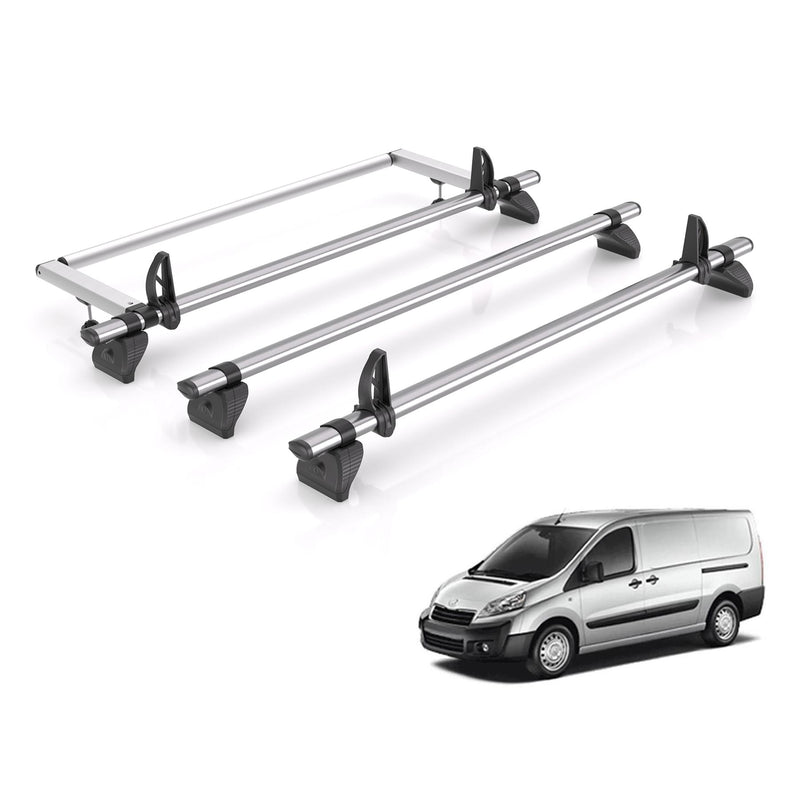 Peugeot Expert (2007-2016) - 3 Rhino Kammbar Fleet Roof Bars + Roller (Steel)