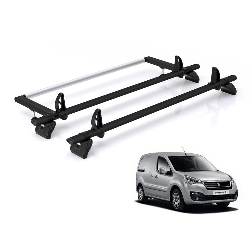 Peugeot Partner (2008-2018) - 2 Rhino Kammbar Black Roof Bars + Roller (Aluminium)