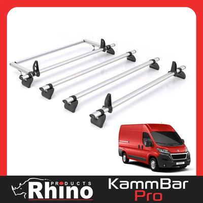 Peugeot Boxer (2006-) - 4 Rhino Kammbar Pro Roof Bars + Roller (Aluminium)