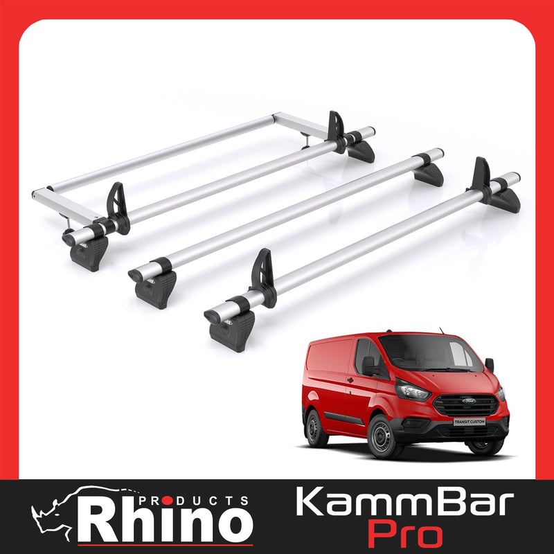 Ford Transit Custom - 3 Rhino Kammbar Pro Roof Bars + Roller (Aluminium)