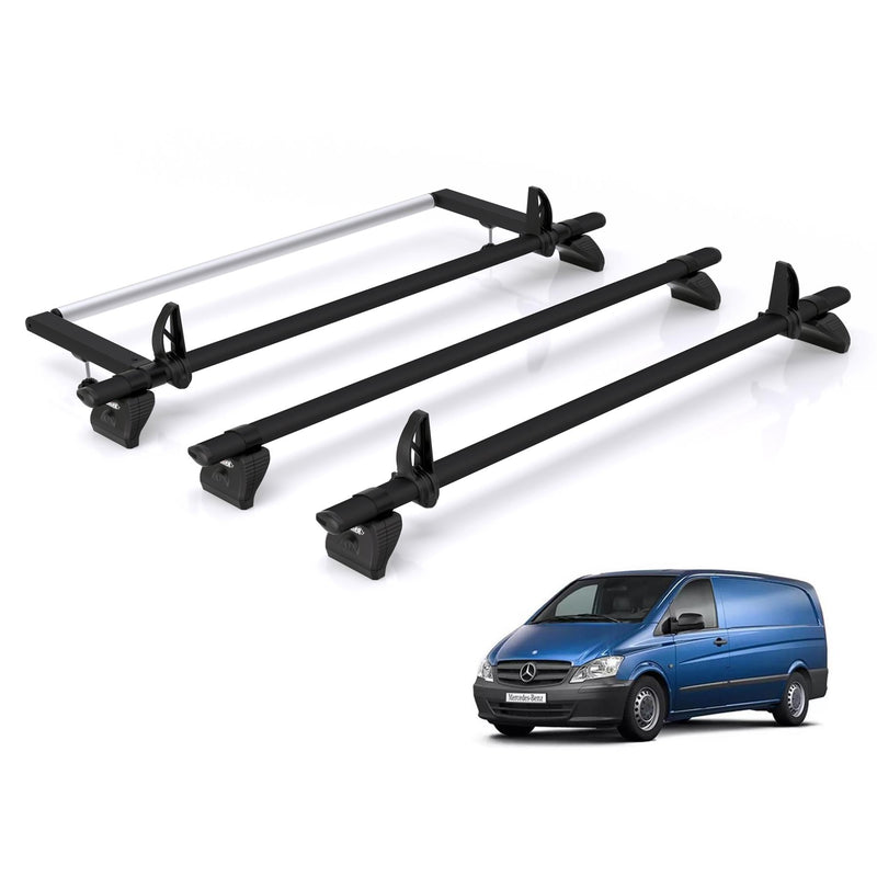 Mercedes Vito (2003-2014) - 3 Rhino Kammbar Black Roof Bars + Roller (Aluminium)