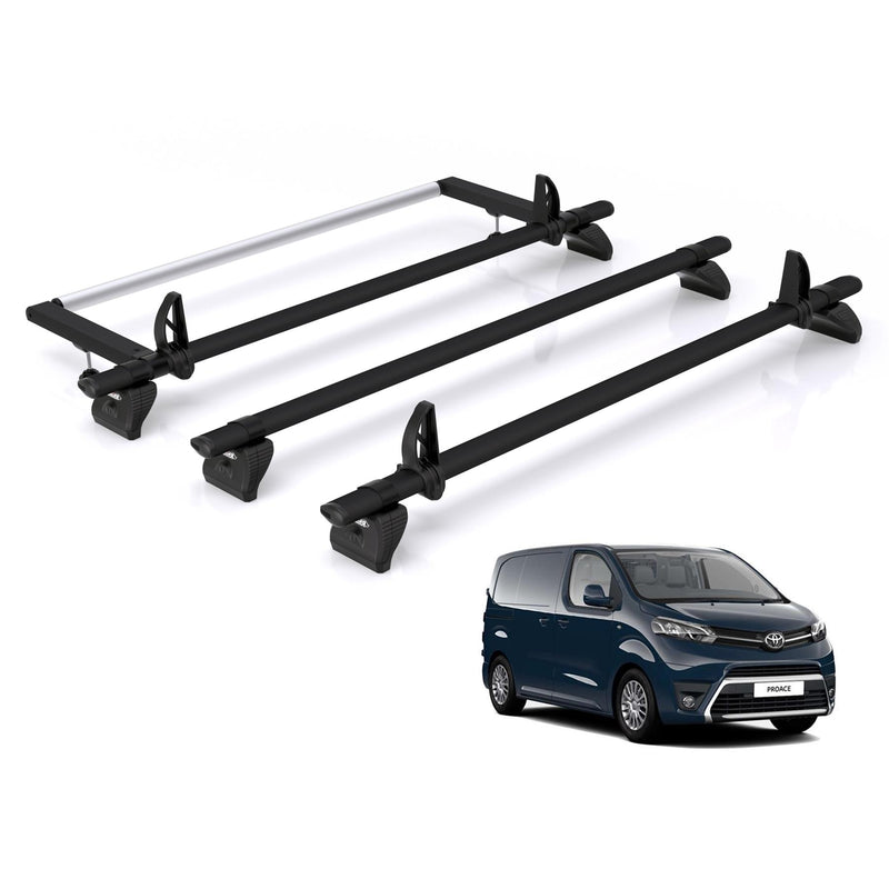 Toyota ProAce (2016-2024) - 3 Rhino Kammbar Black Roof Bars + Roller (Aluminium)
