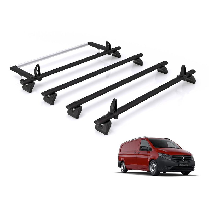 Mercedes Vito (2014-) - 4 Rhino Kammbar Black Roof Bars + Roller (Aluminium)