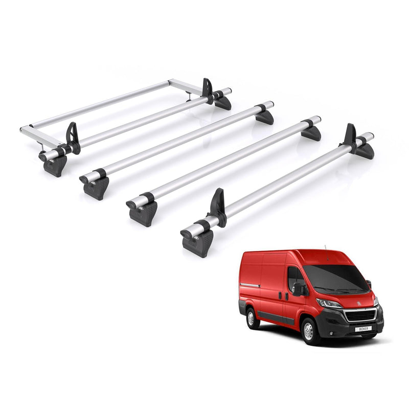 Peugeot Boxer (2006-) - 4 Rhino Kammbar Pro Roof Bars + Roller (Aluminium)